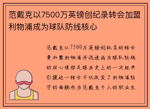 范戴克以7500万英镑创纪录转会加盟利物浦成为球队防线核心 范戴克以7500万英镑创纪录转会加盟利物浦成为球队防线核心