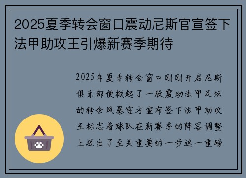 2025夏季转会窗口震动尼斯官宣签下法甲助攻王引爆新赛季期待