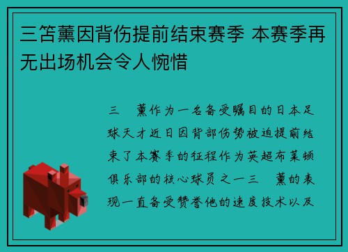 三笘薰因背伤提前结束赛季 本赛季再无出场机会令人惋惜
